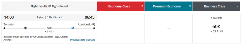 Aeroplan Redemption from Toronto to London for 60,000 points in Business Class