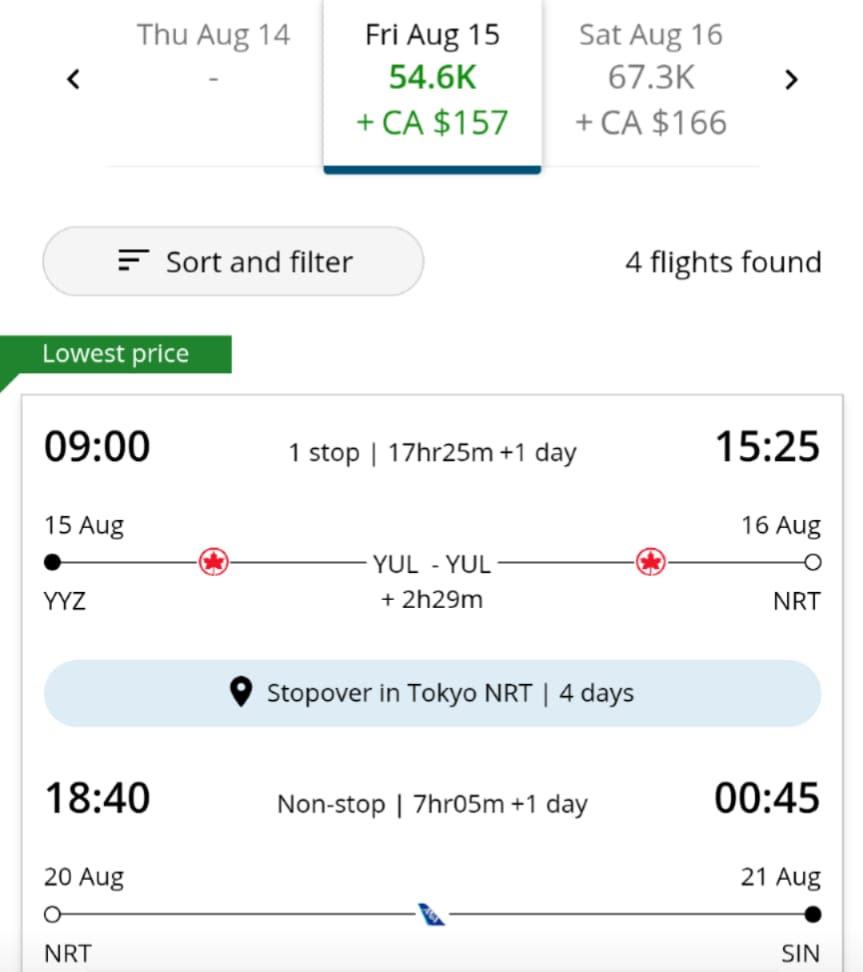 Aeroplan Redemption Toronto to Singapore with a 4-day stopover in Tokyo